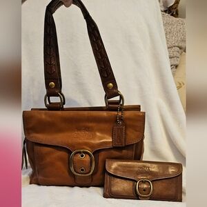 Coach British tan Bleecker tattersal vanchetta tote w/match wallet #11420 Rare